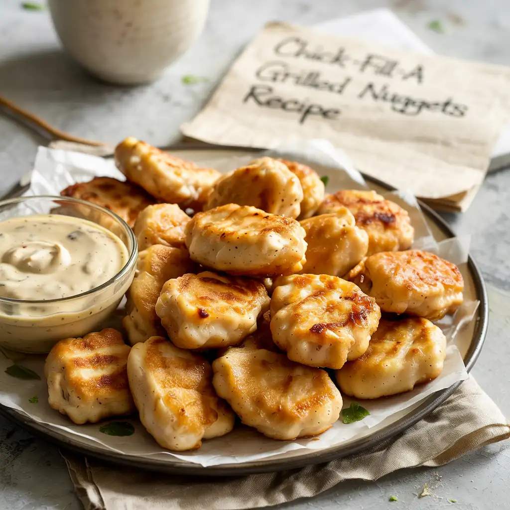 Close-up of grilled chicken nuggets inspired by the Chick-fil-A recipe, served with dipping sauces